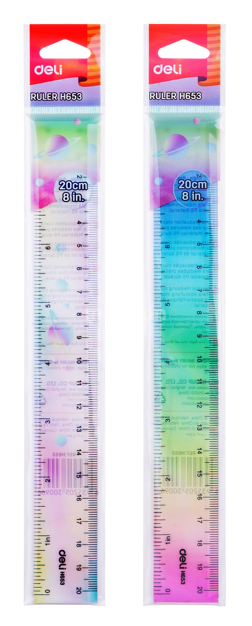Линейка 20см пластиковая 2 шкалы  DELI тонированная прозрачная ассорти, арт. EH653