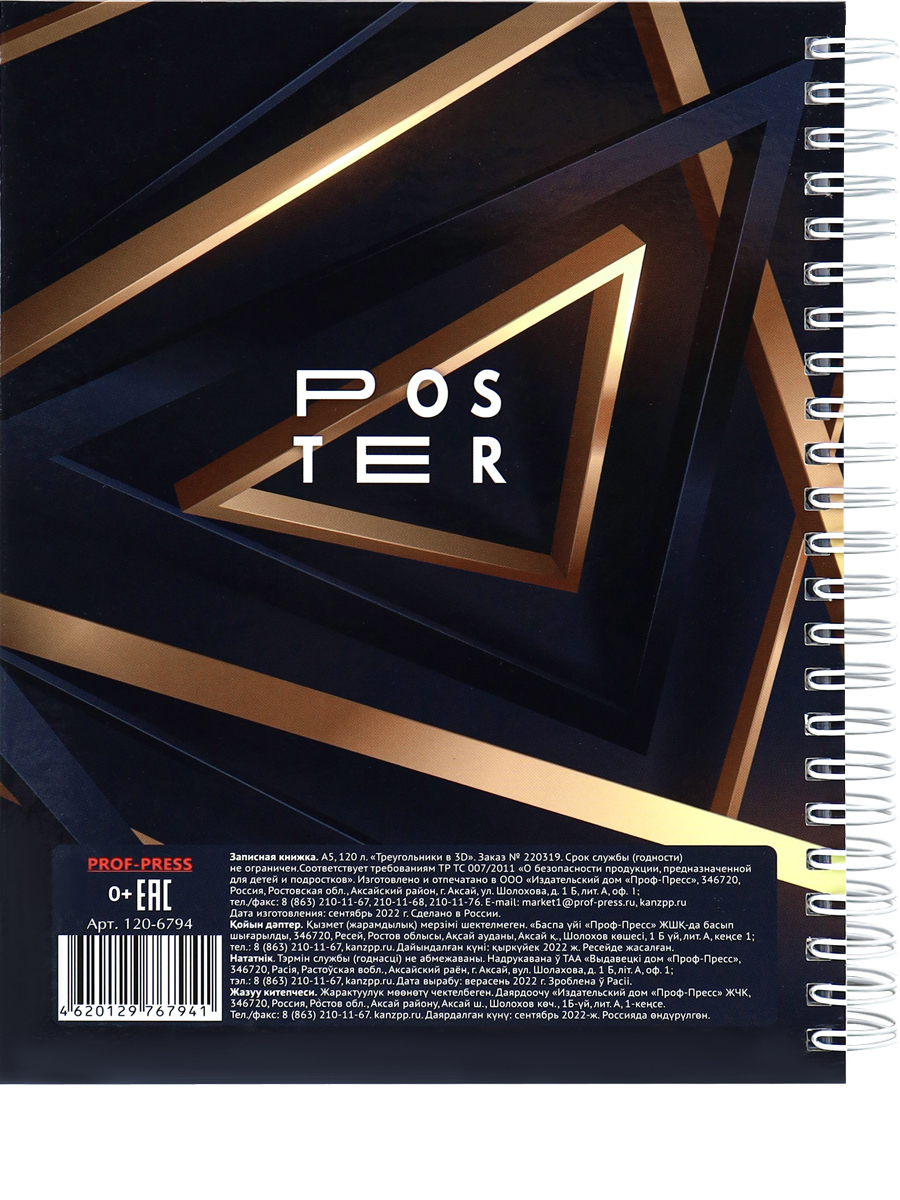 Записная книжка А5 120л клетка спираль ПРОФ-ПРЕСС  Треугольники твердая обложка, арт. 120-6794