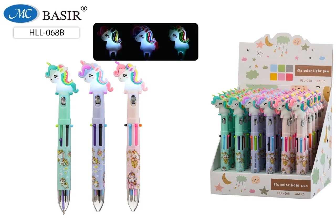 Ручка шариковая автоматическая 6цв с фигуркой MC BASIR Единорог корпус ассорти , арт. HLL-068B
