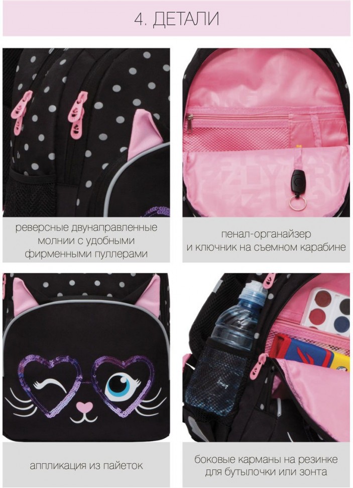 Рюкзак школьный GRIZZLY черный мягкий уплотненная спинка вентилируемые вставки, арт. RG-160-2/4