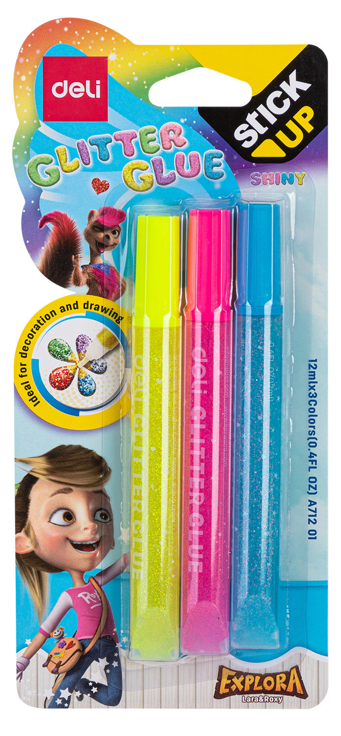 Гель-клей с блестками 12мл DELI Explora Shiny ассорти 3шт/упак, арт. EA71201