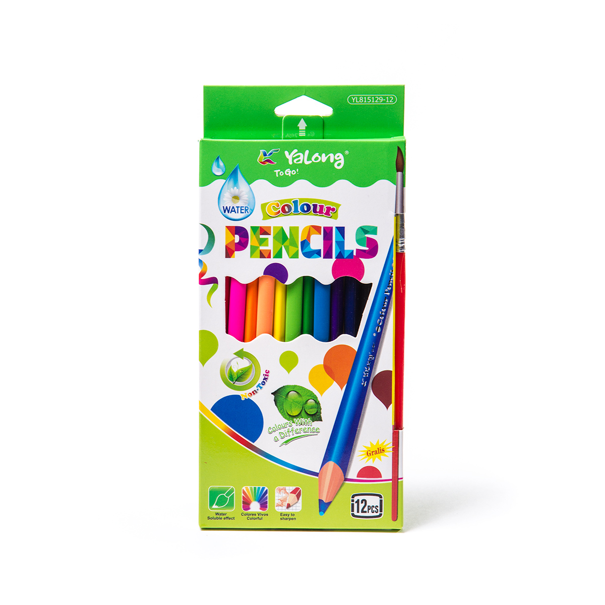 Карандаши цветные акварельные 12цветов YALONG Colour трехгранные + кисть, арт. YL815129-12