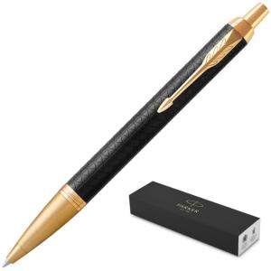 Ручка подарочная шариковая автоматическая синяя PARKER IM Premium Black GT корпус черный рифленый/золото в футляре, арт. 1931667