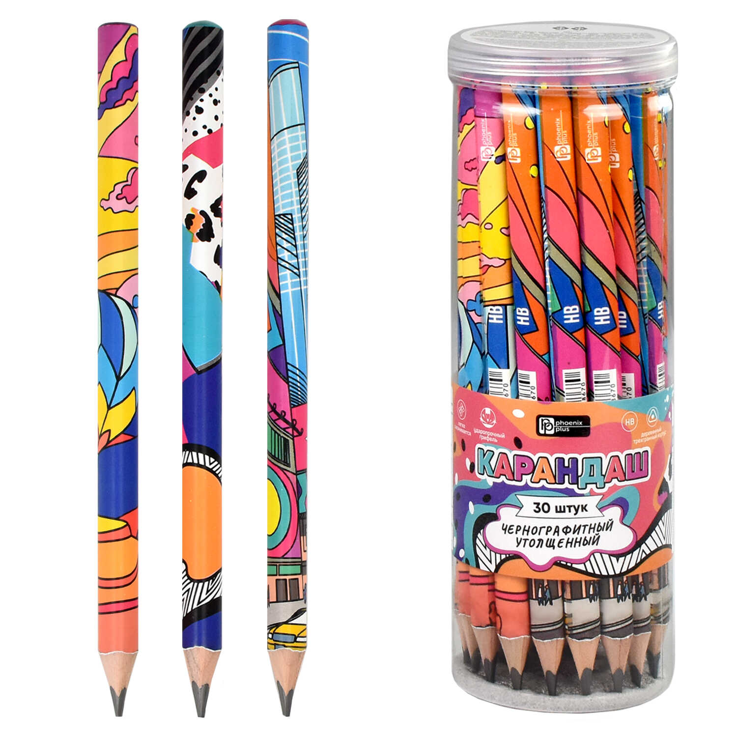 Карандаш чернографитный трехгранный утолщенный HB ФЕНИКС Абстракция корпус ассорти , арт. 63688