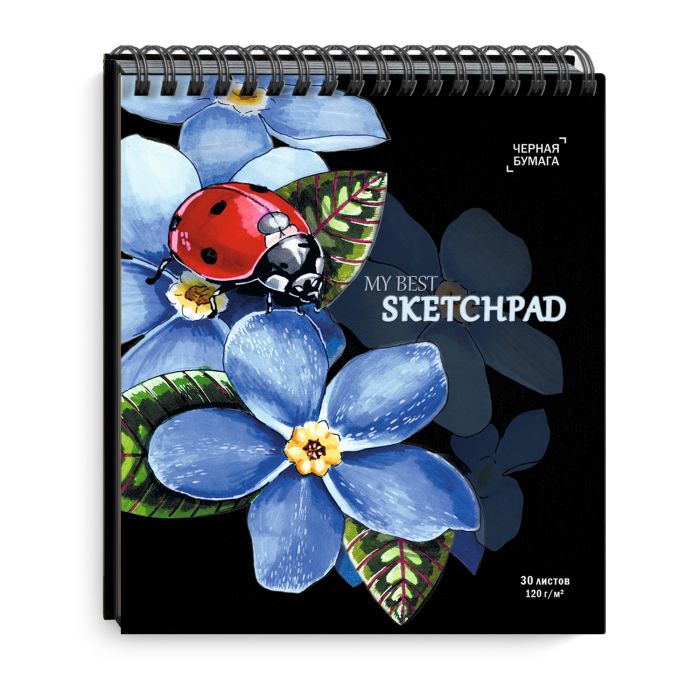 Блокнот для эскизов/скетчпад 168*195 30л 120г/м2 спираль ФЕНИКС Божья коровка черная бумага , арт. 50817