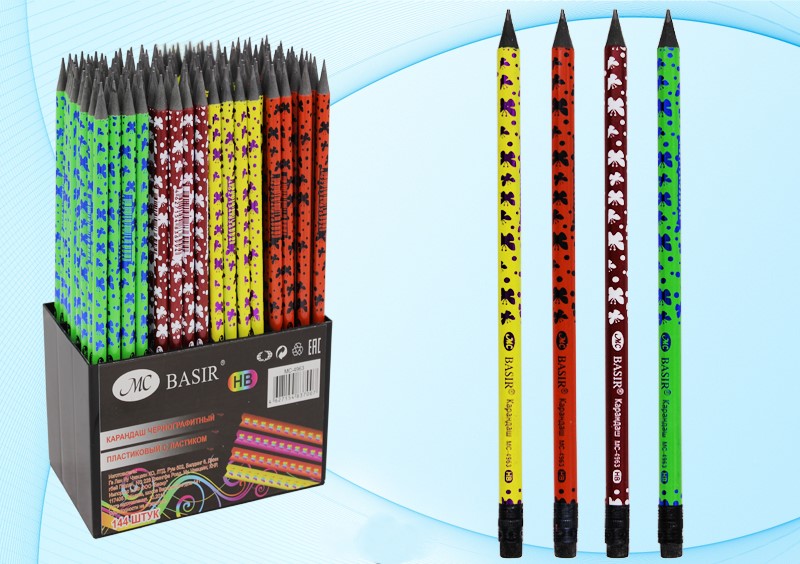 Карандаш чернографитный с ластиком пластиковый HB MC BASIR Бабочки корпус ассорти, арт. МС-4963