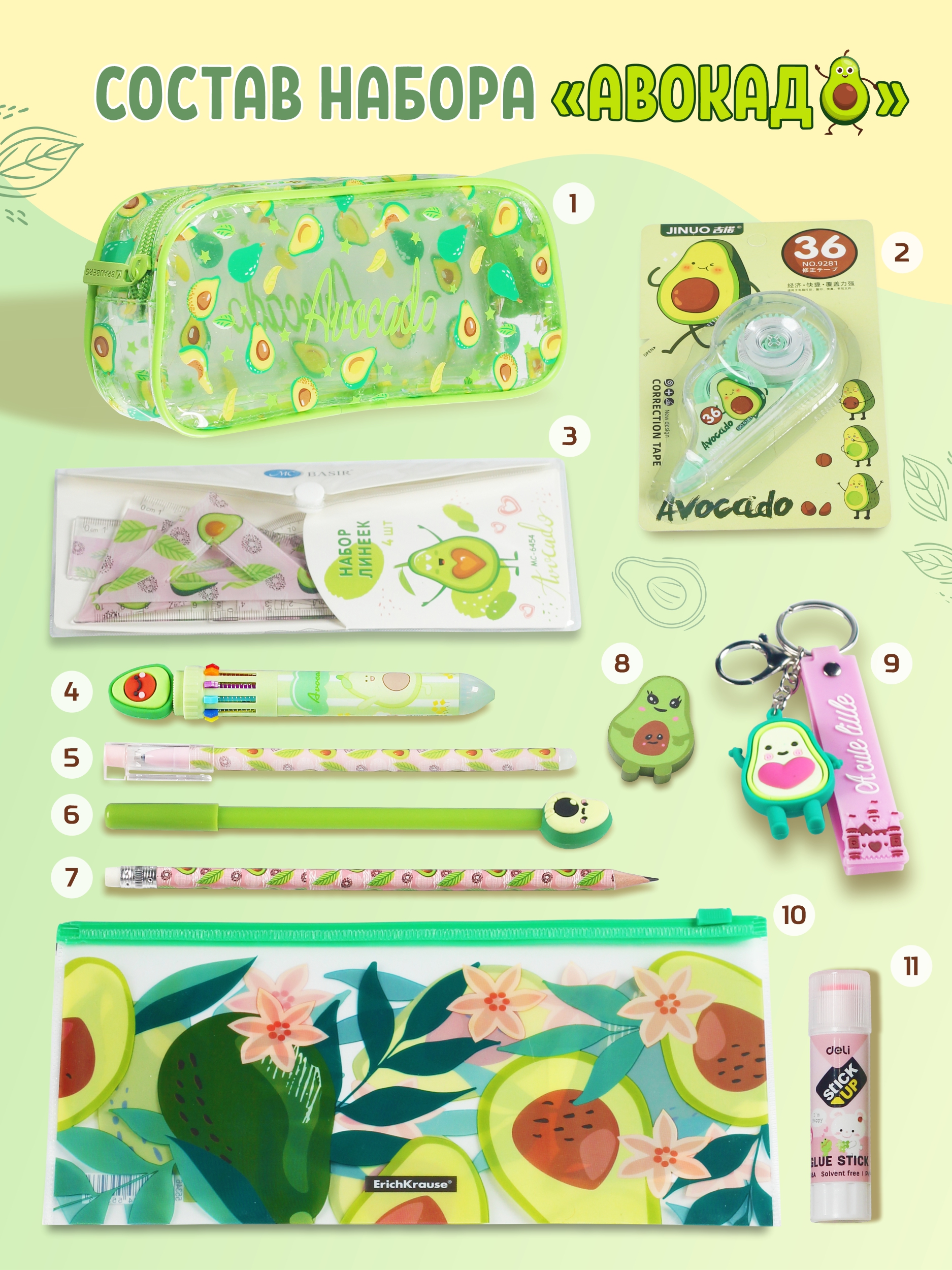 Набор канцелярский Авокадо 13 предметов в крафт коробке, арт. КМ-0000Ав6/13