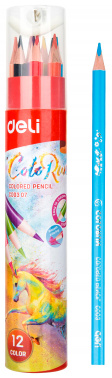 Карандаши цветные 12цветов DELI ColorRun трехгранные +точилка картонный тубус, арт. EC00307