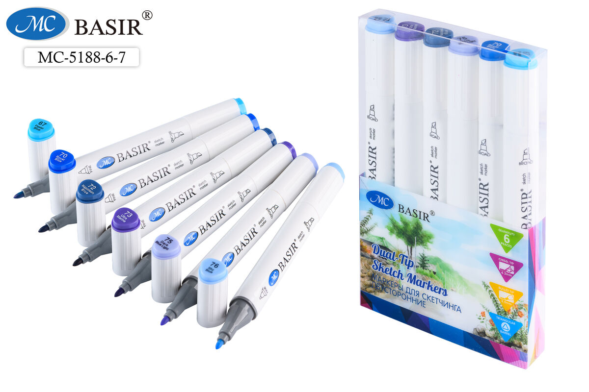 Набор маркеров д/скетчинга 6цв 1-7мм MC BASIR Голубая лагуна трехгранные двухсторонние, арт. МС-5188-6-7