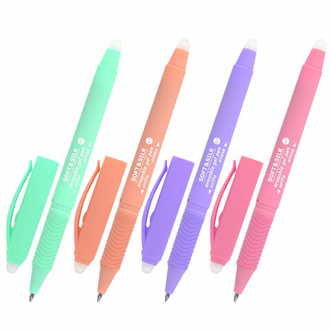 Ручка пиши-стирай гелевая синяя BRAUBERG Soft&Silk Pastel корпус soft-touch ассорти с резиновым держателем, арт. 143934