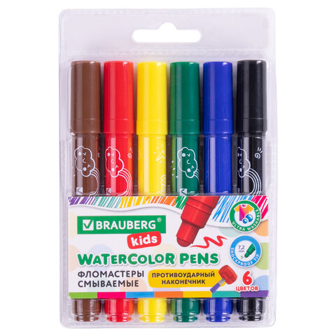 Фломастеры 6цветов BRAUBERG KIDS смываемые, арт. 152178