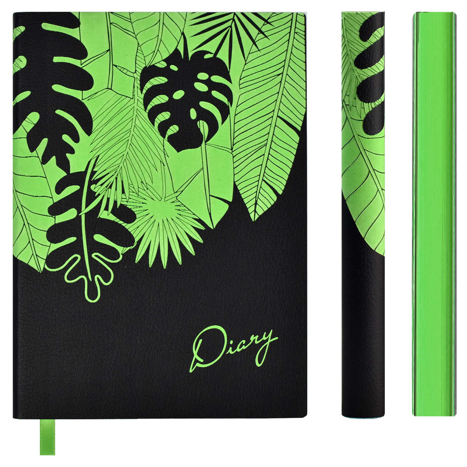 Ежедневник недатированный А6+ ФЕНИКС Escalada Наппа интегральная обложка черный срез зеленый, арт. 47586