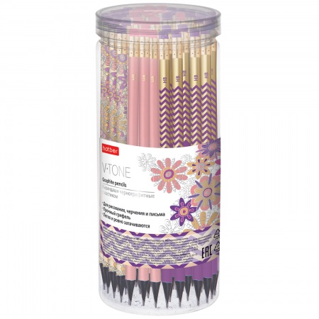 Карандаш чернографитный с ластиком черное дерево HB ХАТБЕР V-tone корпус ассорти, арт. BL_072604