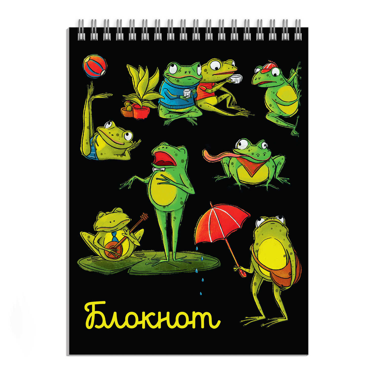 Блокнот А6 120л клетка спираль ФЕНИКС Лягушачьи забавы, арт. 63050