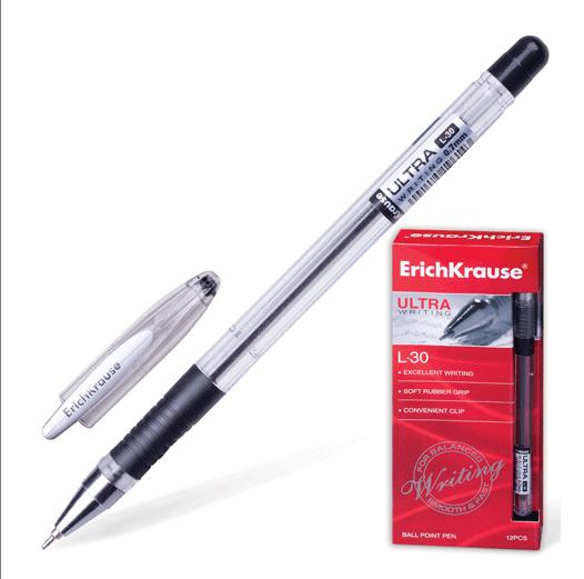 Ручка шариковая черная игла 0,7/0,26 ERICH KRAUSE Ultra L-30 корпус прозрачный с резиновым держателем масляный стержень 140мм, арт. 19614
