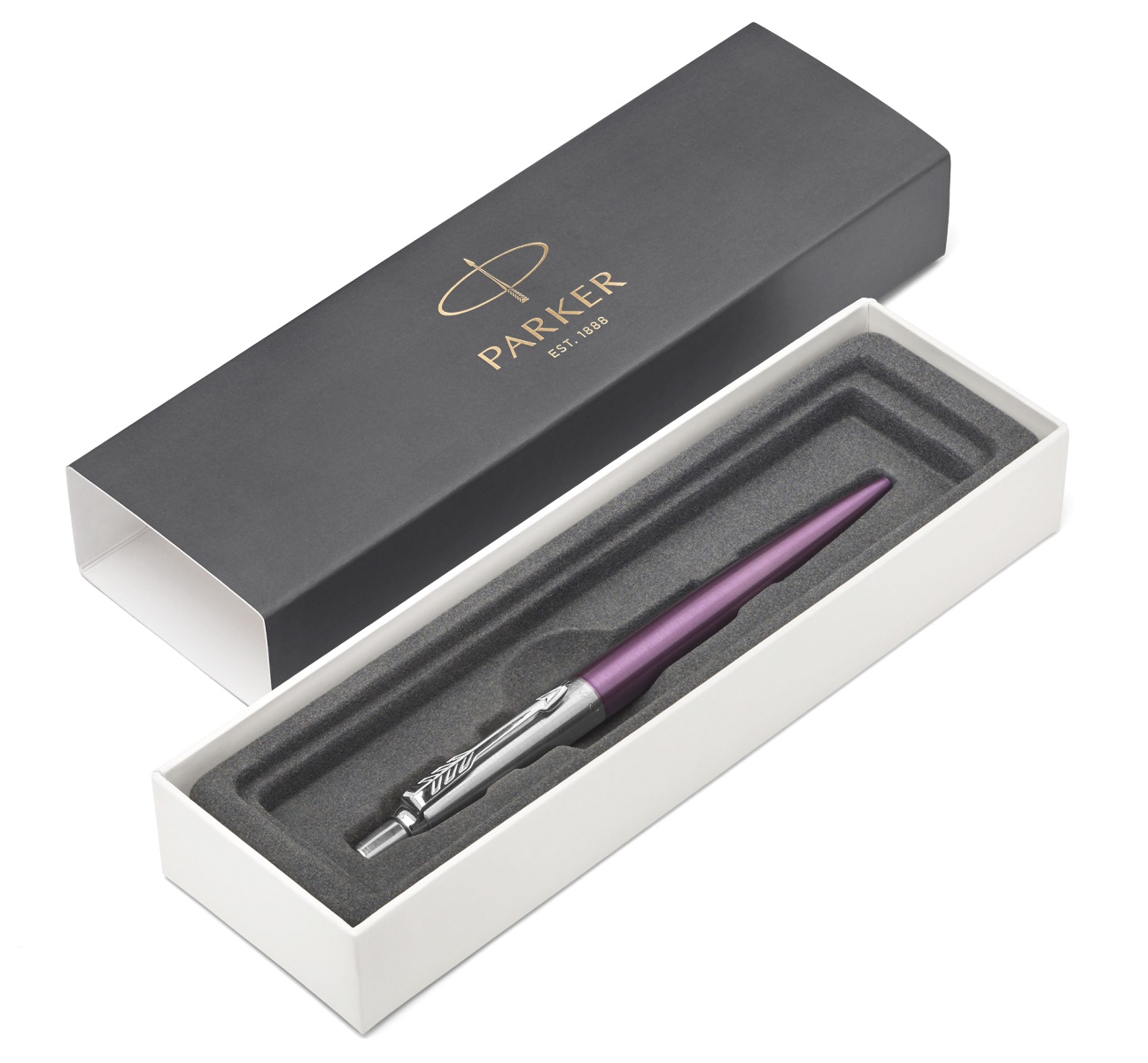 Ручка подарочная шариковая автоматическая синяя PARKER Jotter Core K63 Victoria Violet CT корпус фиолетовый/хром в футляре, арт. 1953190