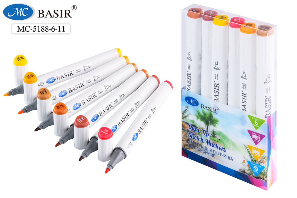 Набор маркеров д/скетчинга 6цв 1-7мм MC BASIR коричневые/желтые тона трехгранные двухсторонние, арт. МС-5188-6-11