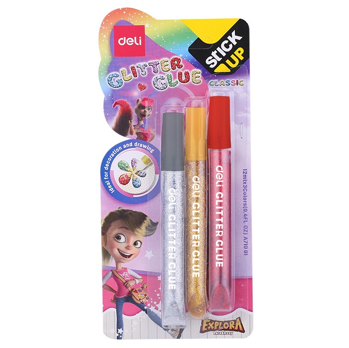 Гель-клей с блестками 12мл DELI Explora Classic ассорти 3шт/упак, арт. EA71001