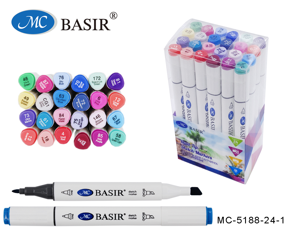 Набор маркеров д/скетчинга 24цв 1-7мм MC BASIR Цветочная гамма трехгранные двухсторонние круглый/скошенный, арт. МС-5188-24-1
