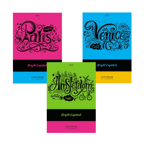 Тетрадь А4 80л клетка ХАТБЕР Леттеринг Города мира ассорти, арт. 80Т4лВ1