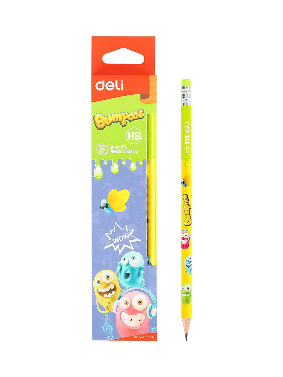 Карандаш чернографитный с ластиком HB DELI Bumpees корпус ассорти, арт. EU52000