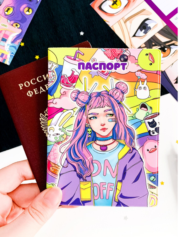 Обложка на паспорт Девочка с Розовыми Волосами, арт. ПСТ-36