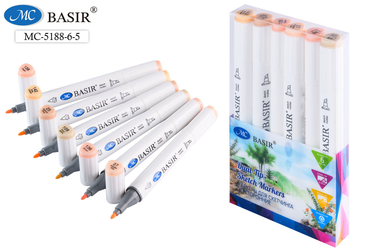 Набор маркеров д/скетчинга 6цв 1-7мм MC BASIR телесные тона трехгранные двухсторонние, арт. МС-5188-6-5