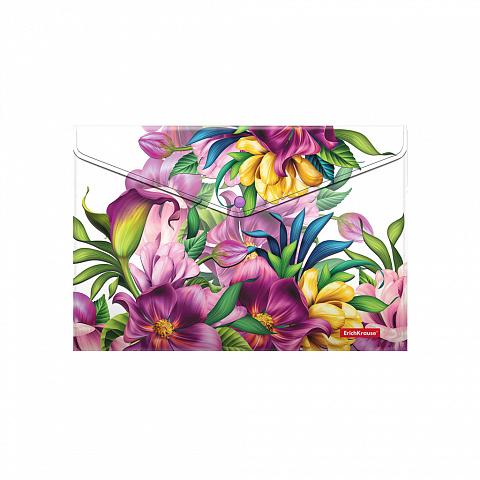 Папка конверт на кнопке А4 160мкр ERICH KRAUSE Tropical Flowers прозрачная, арт. 55322