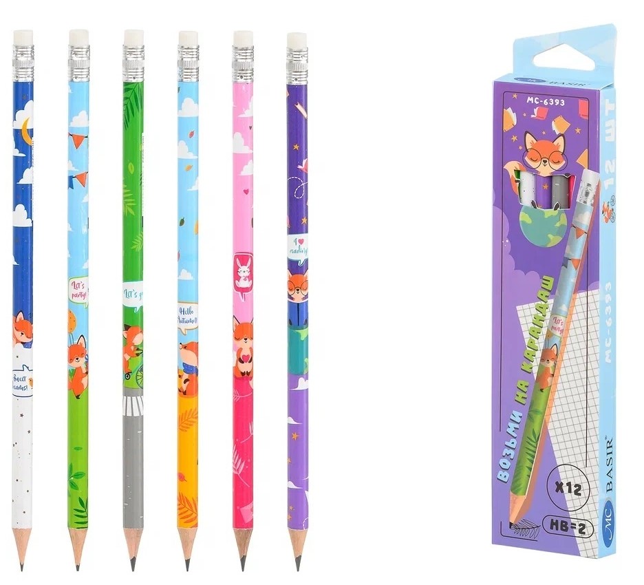 Карандаш чернографитный с ластиком HB MC BASIR Лиса корпус ассорти, арт. МС-6393-12