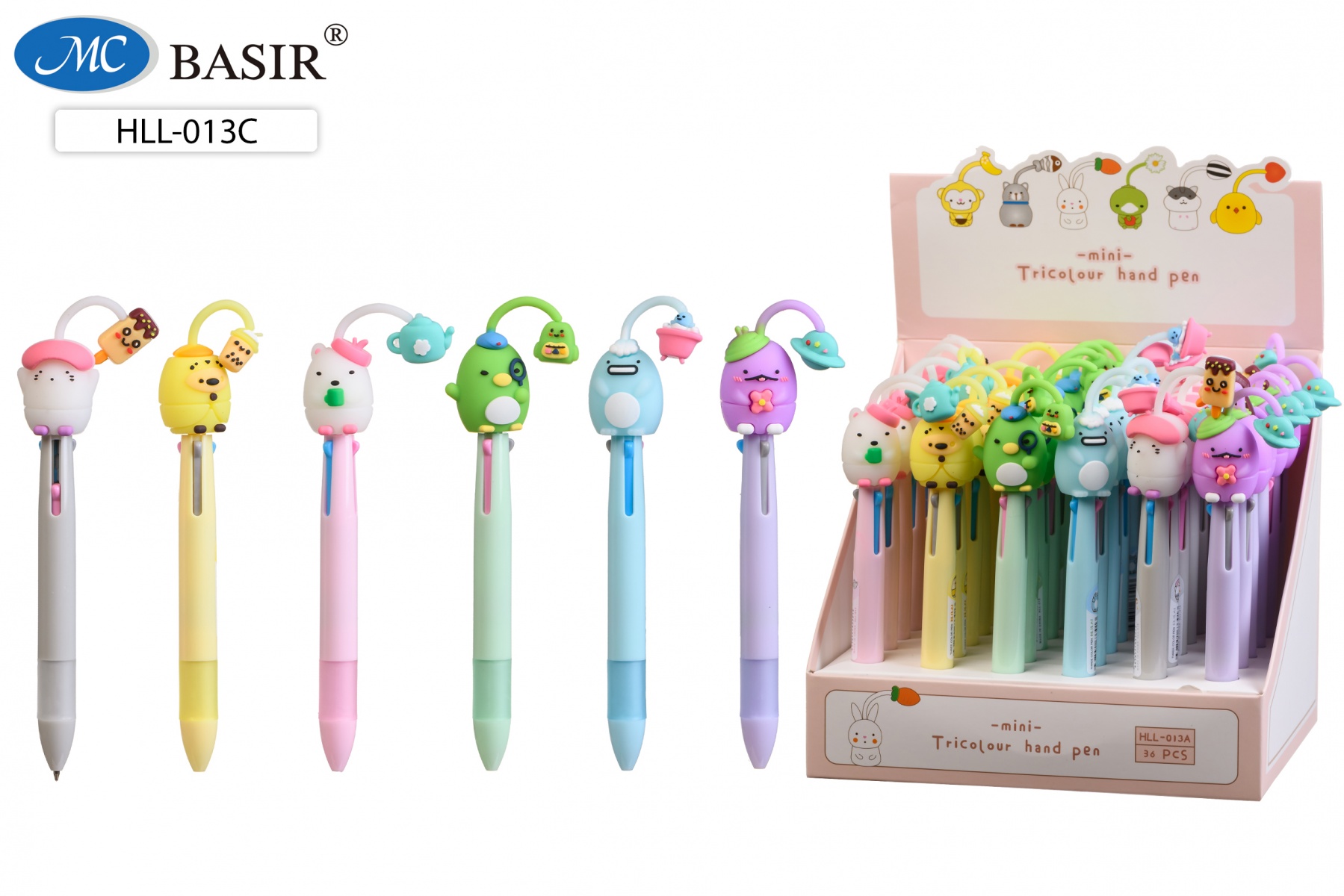Ручка шариковая автоматическая 3цв с фигуркой MC BASIR Забавные зверюшки с резиновым держателем , арт. HLL-013C