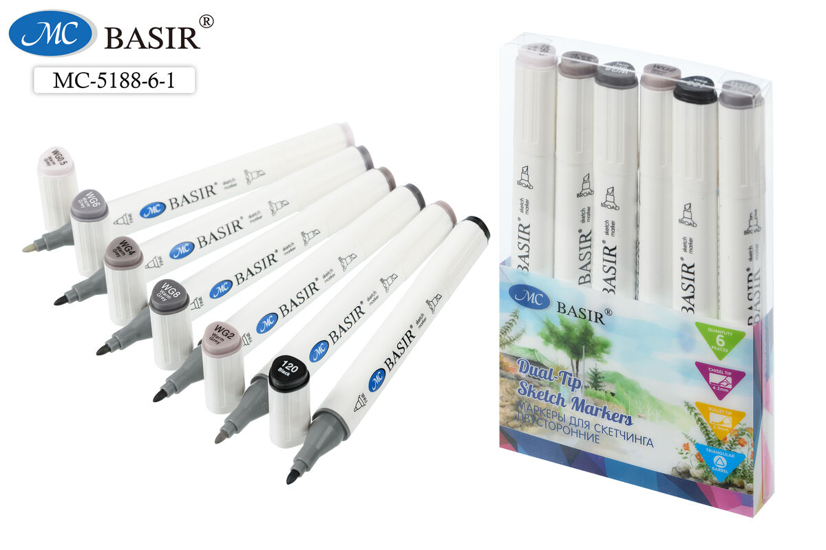 Набор маркеров д/скетчинга 6цв 1-7мм MC BASIR Warm grey трехгранные двухсторонние, арт. МС-5188-6-1