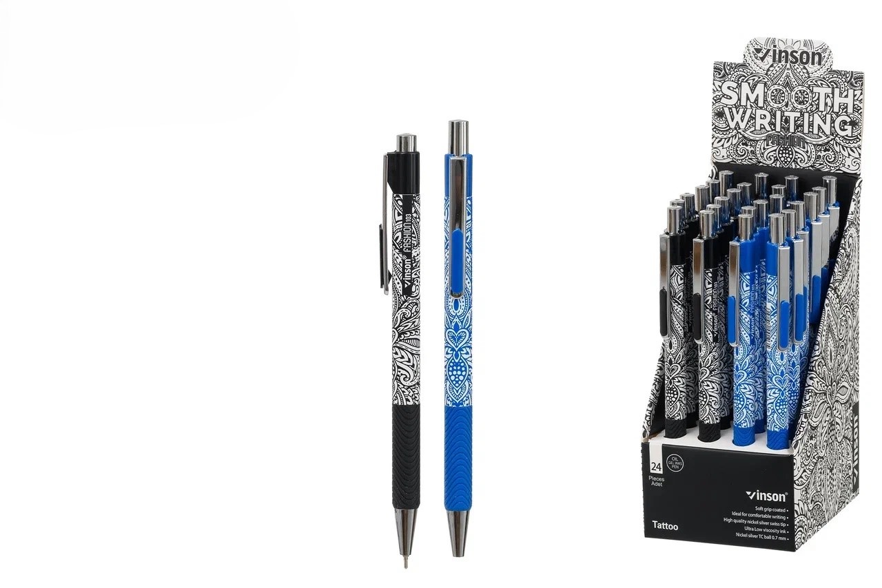 Ручка шариковая автоматическая синяя игольчатый стержень 0,7/0,35 VINSON Tattoo корпус ассорти с резиновым держателем, арт. 103