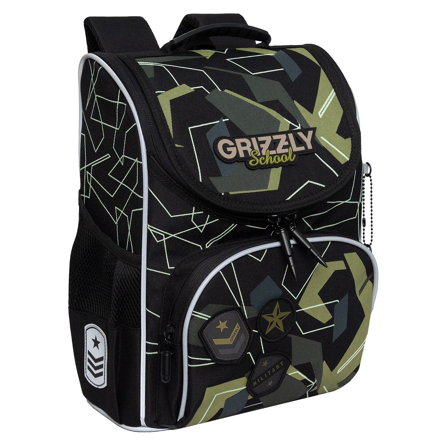 Рюкзак школьный GRIZZLY милитари зеленый каркасный ортопедическая спинка  + мешок для обуви, арт. RAm-485-6/2
