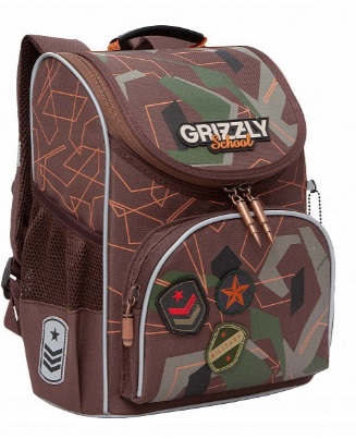 Рюкзак школьный GRIZZLY милитари каркасный ортопедическая спинка  + мешок для обуви, арт. RAm-285-6/1