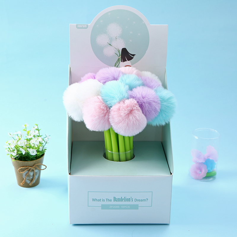 Ручка шариковая синяя с помпоном Помпошка на веточке корпус силиконовый, арт. ZF2086