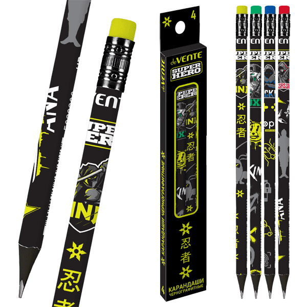 Карандаш чернографитный с ластиком трехгранный черное дерево HB deVENTE SuperHero корпус ассорти, арт. 5030304/5032332/5032330/5032331/5032329