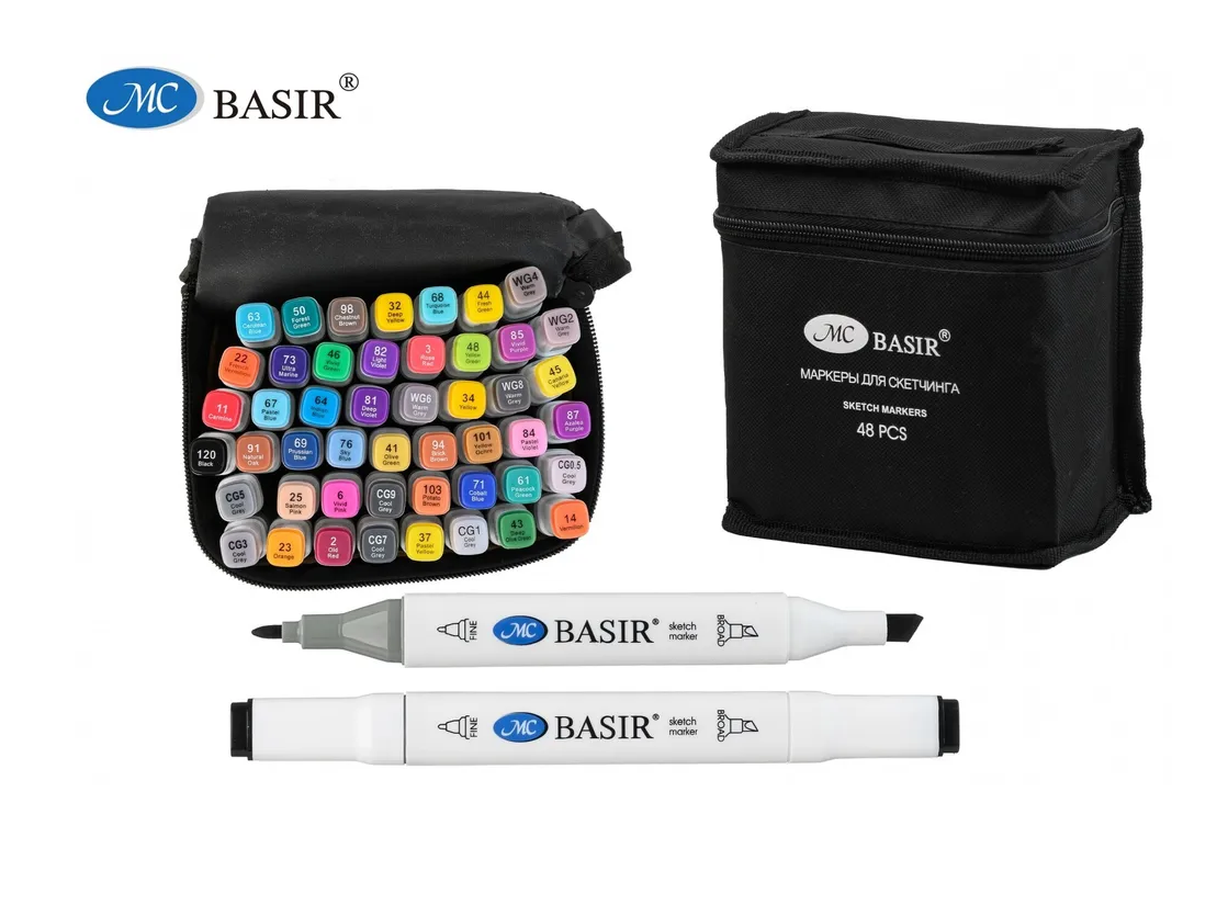 Набор маркеров д/скетчинга 48цв 1-7мм MC BASIR трехгранные двухсторонние пластиковый бокс, арт. MC-5219-48