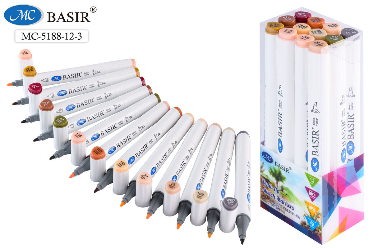 Набор маркеров д/скетчинга 12цв 1-7мм MC BASIR телесные/коричневые тона трехгранные двухсторонние, арт. МС-5188-12-3