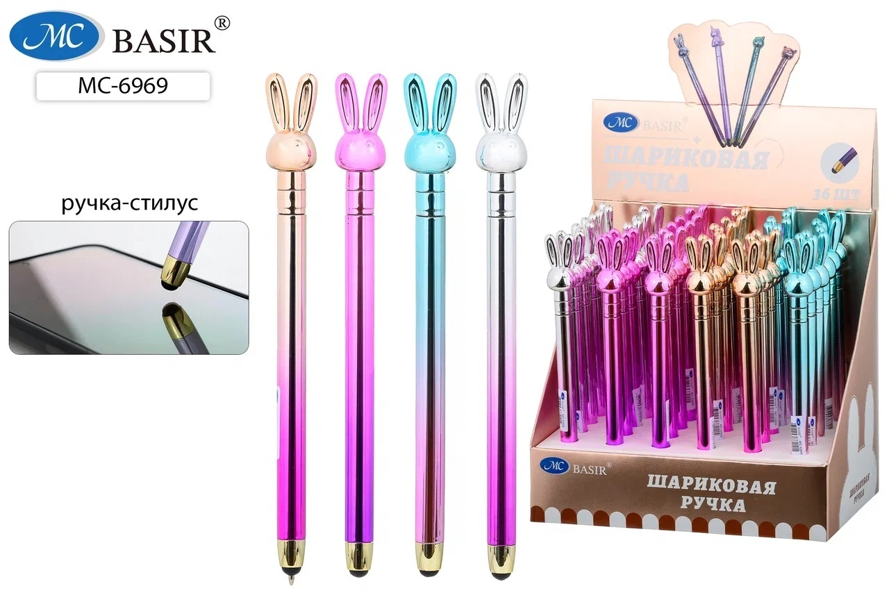 Ручка шариковая синяя с фигуркой MC BASIR корпус цветной/металлик Зайчик со стилусомстилус , арт. МС-6969