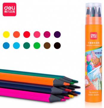 Карандаши цветные 12цветов DELI пластиковые стираемые картонный тубус, арт. 7073-12