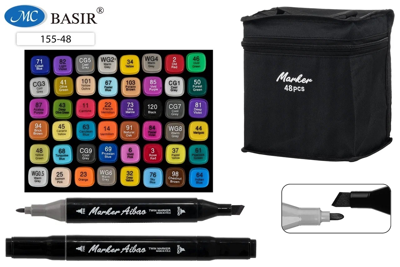 Набор маркеров д/скетчинга 48цв 1-7мм MC BASIR квадратный корпус двухсторонние тканевая сумка, арт. 155-48