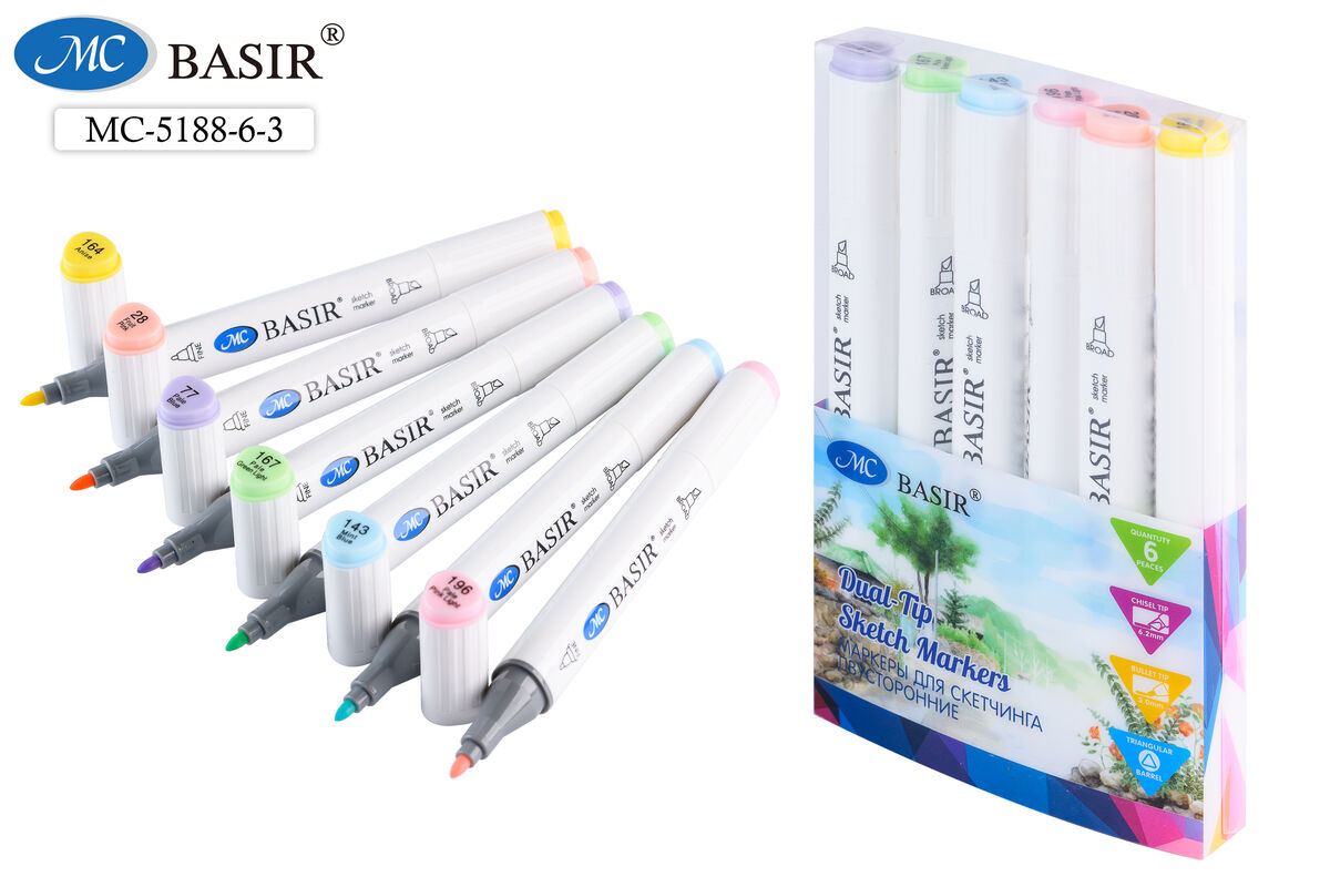 Набор маркеров д/скетчинга 6цв 1-7мм MC BASIR пастельные тона трехгранные двухсторонние, арт. МС-5188-6-3