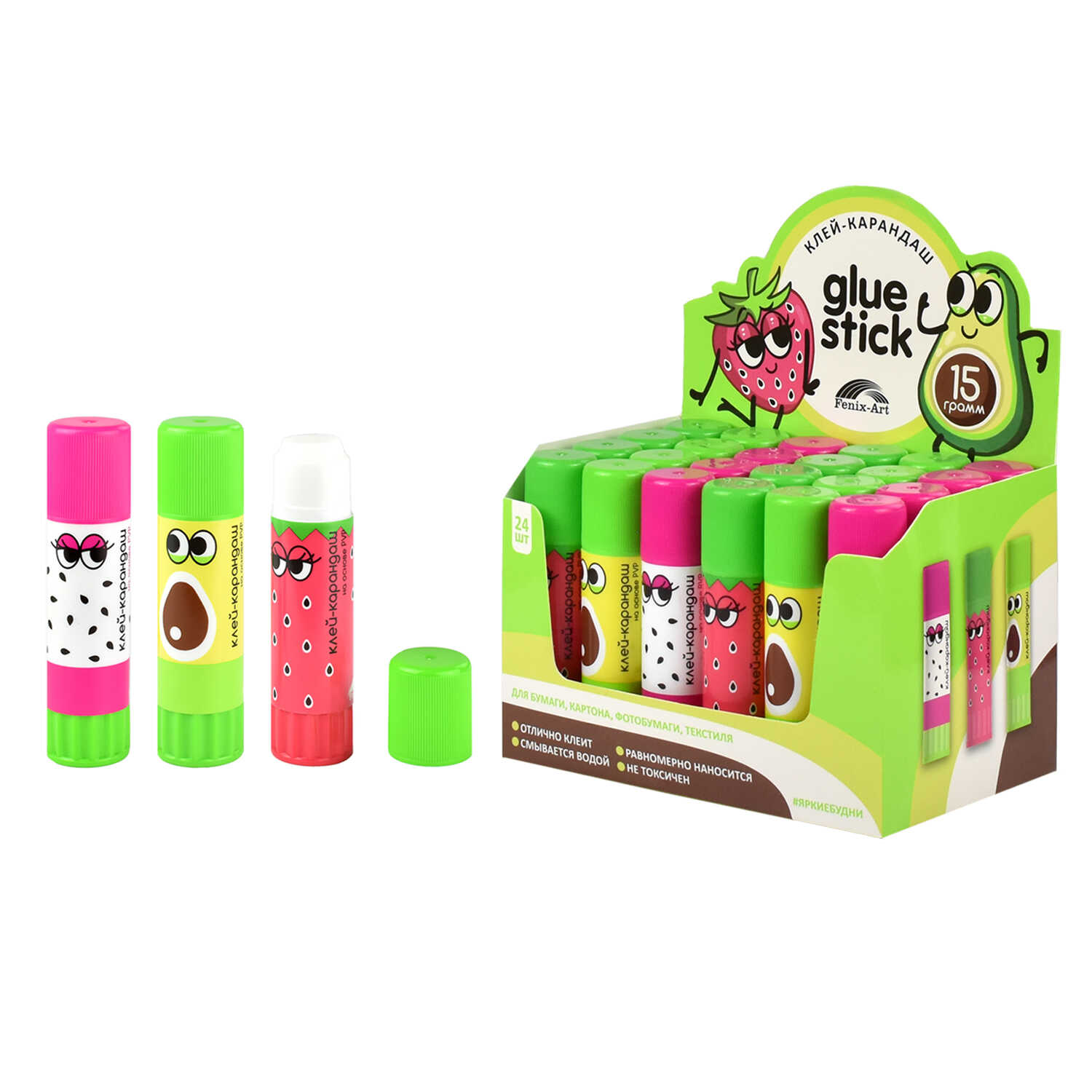 Клей карандаш 15г ФЕНИКС Фрукты PVP основа ассорти, арт. 57461