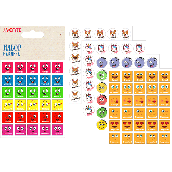 Наклейки deVENTE Оценки Смайлы+животные 5листов/150шт ассорти, арт. 8002212