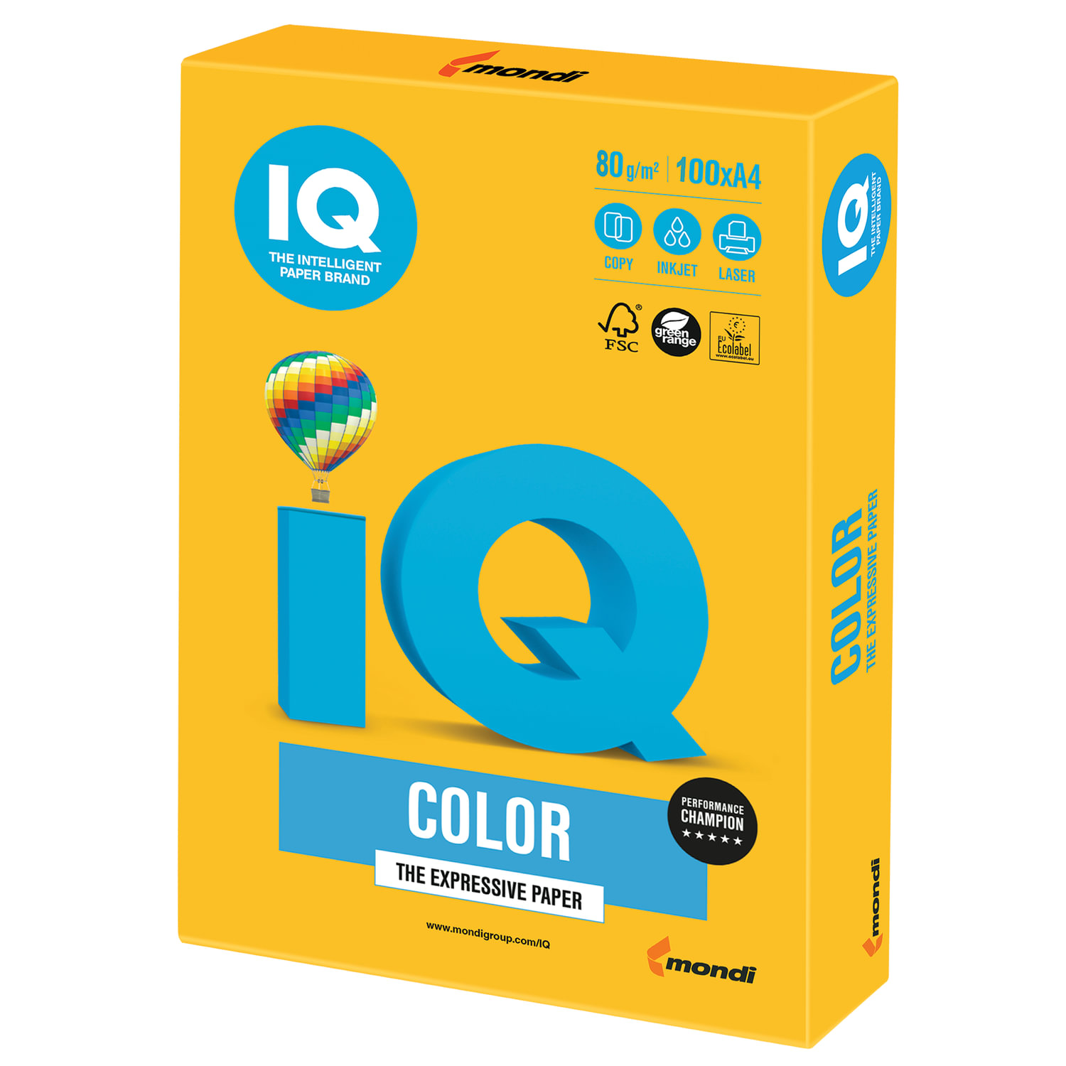 Бумага для офисной техники цветная А4 80г/м2 солнечно-желтая интенсив IQ COLOR 100л, арт. SY40