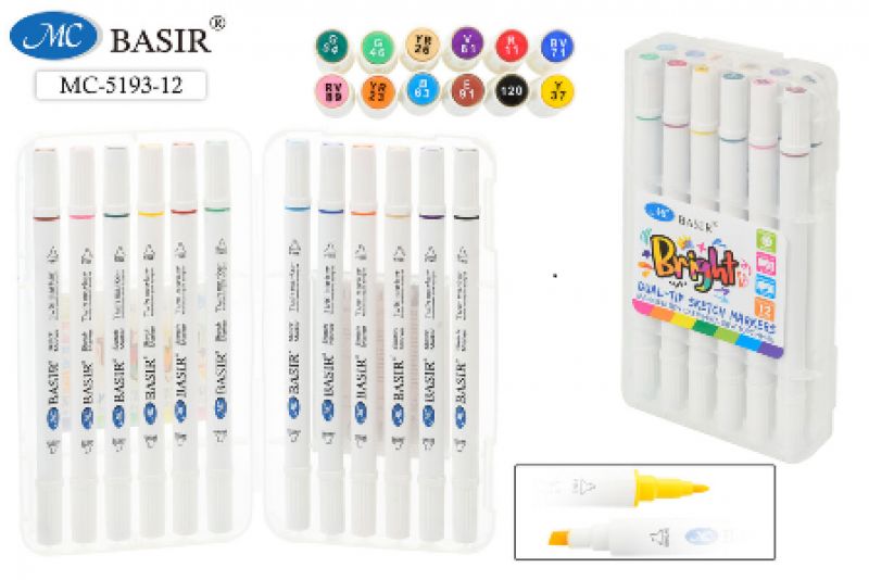 Набор маркеров д/скетчинга 12цв 1-7мм MC BASIR двухсторонние пластиковый бокс, арт. МС-5193-12