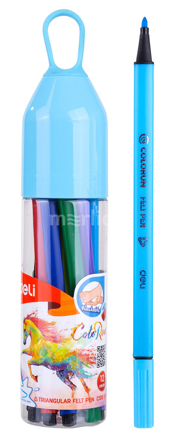 Фломастеры 12цветов DELI ColoRun трехгранные смываемые в пластиковой тубе, арт. EC10506