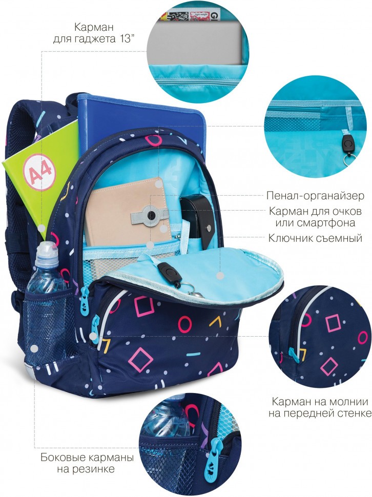 Рюкзак школьный GRIZZLY Геометрия мягкий уплотненная спинка вентилируемые вставки, арт. RG-260-9/1