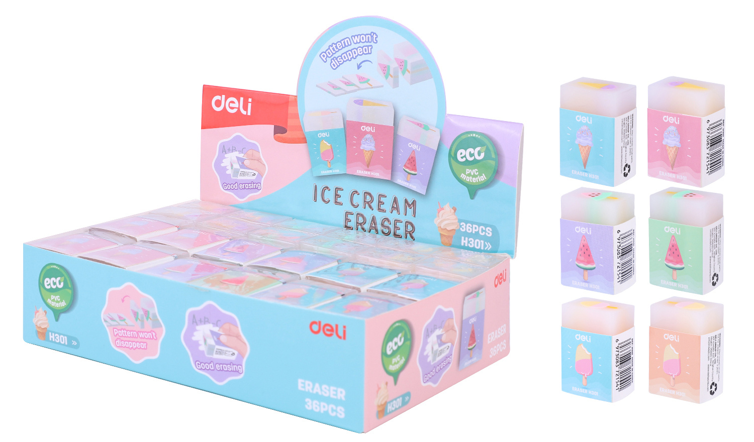 Ластик DELI 38*25*17 Мороженое ассорти картонный держатель, арт. EH301
