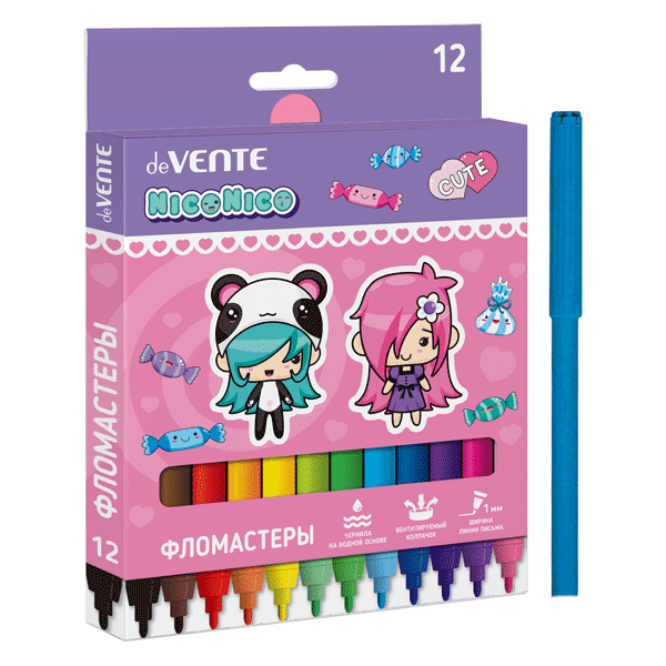 Фломастеры 12цветов deVENTE NicoNico смываемые, арт. 5081346